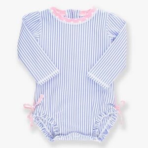 Ruffle Butts Blue and White Striped Romper with Pink Trim